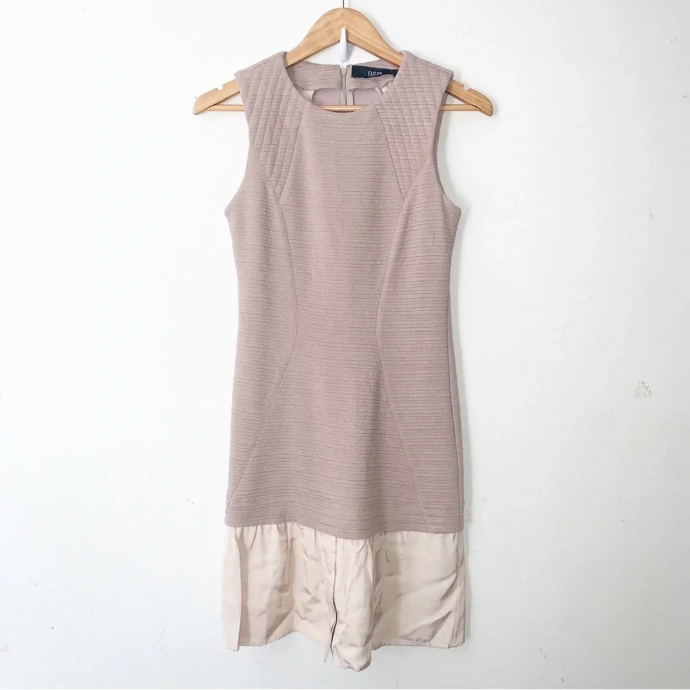 Cut 25 Yigal Azrouel Beige Sheath Dress Sz 4 Colorblock Ruffle Hem - Picture 1 of 6